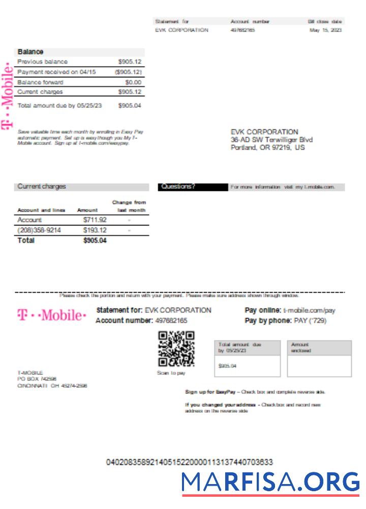 Realistic T Mobile US utility business bill SCR download for verification